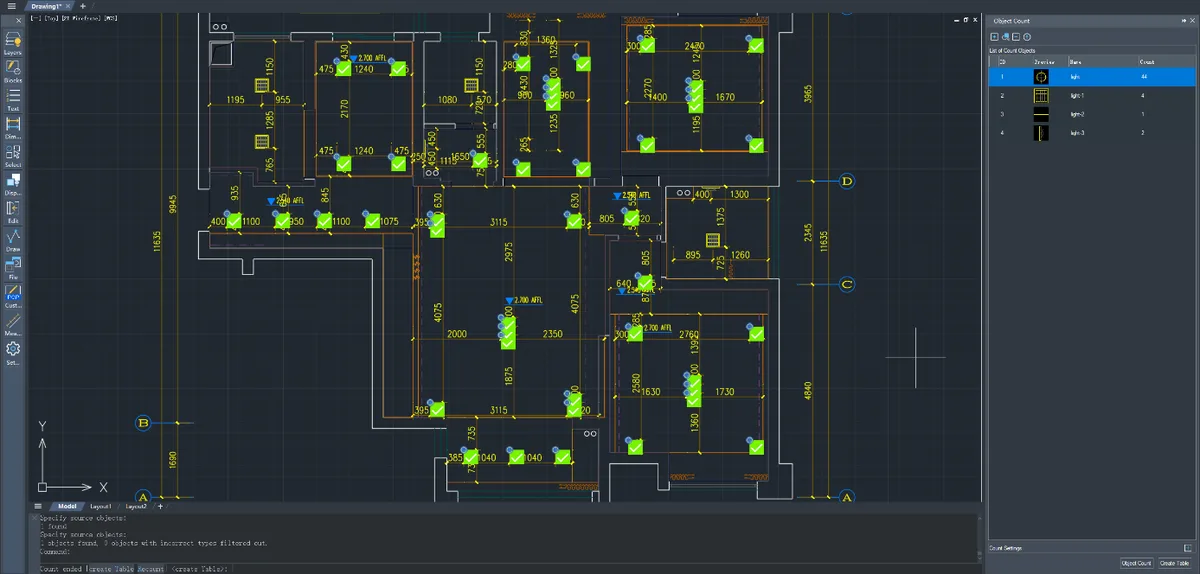 Conteo automático de luminarias en una planta de arquitectura con ZWCAD