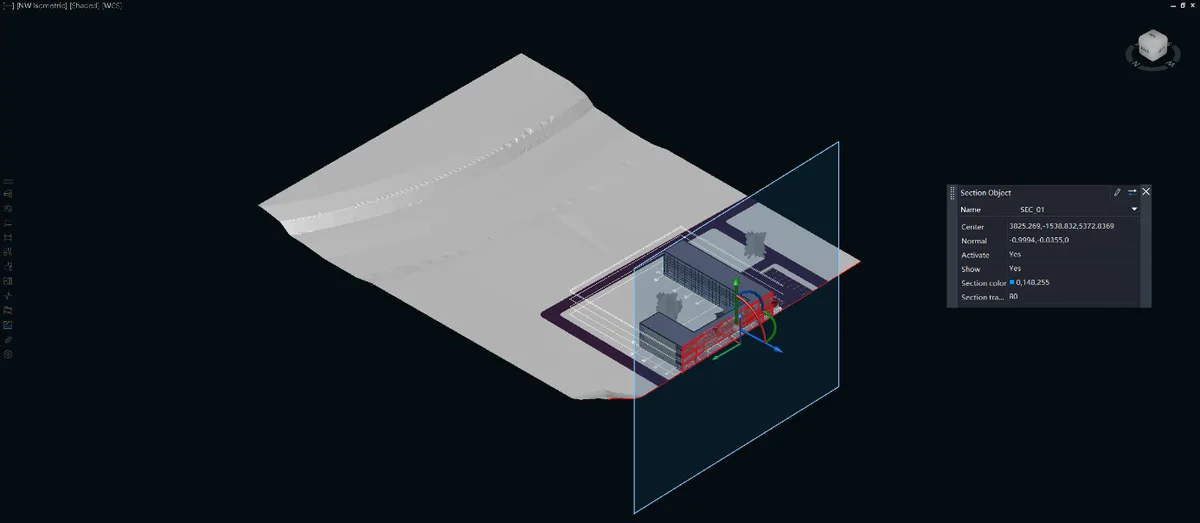 Plano de sección cortando un modelo 3D de edificio y terreno en ZWCAD