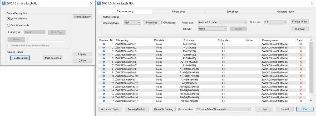 Ventana de Smart Batch Plot de ZWCAD con la lista de láminas a imprimir